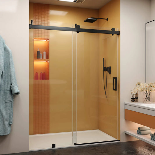 Xerxes frameless single sliding shower door in 3/8 inch clear tempered glass, soft closing