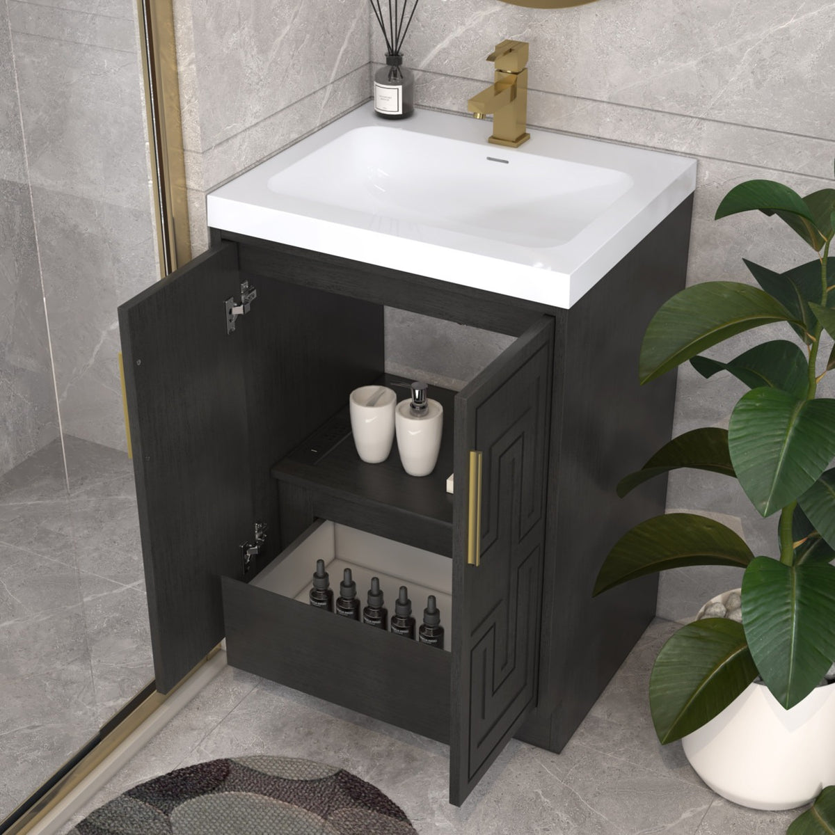 Bella Geometric 24 inch freestanding bathroom vanity with carved geometric doors in a styled bathroom