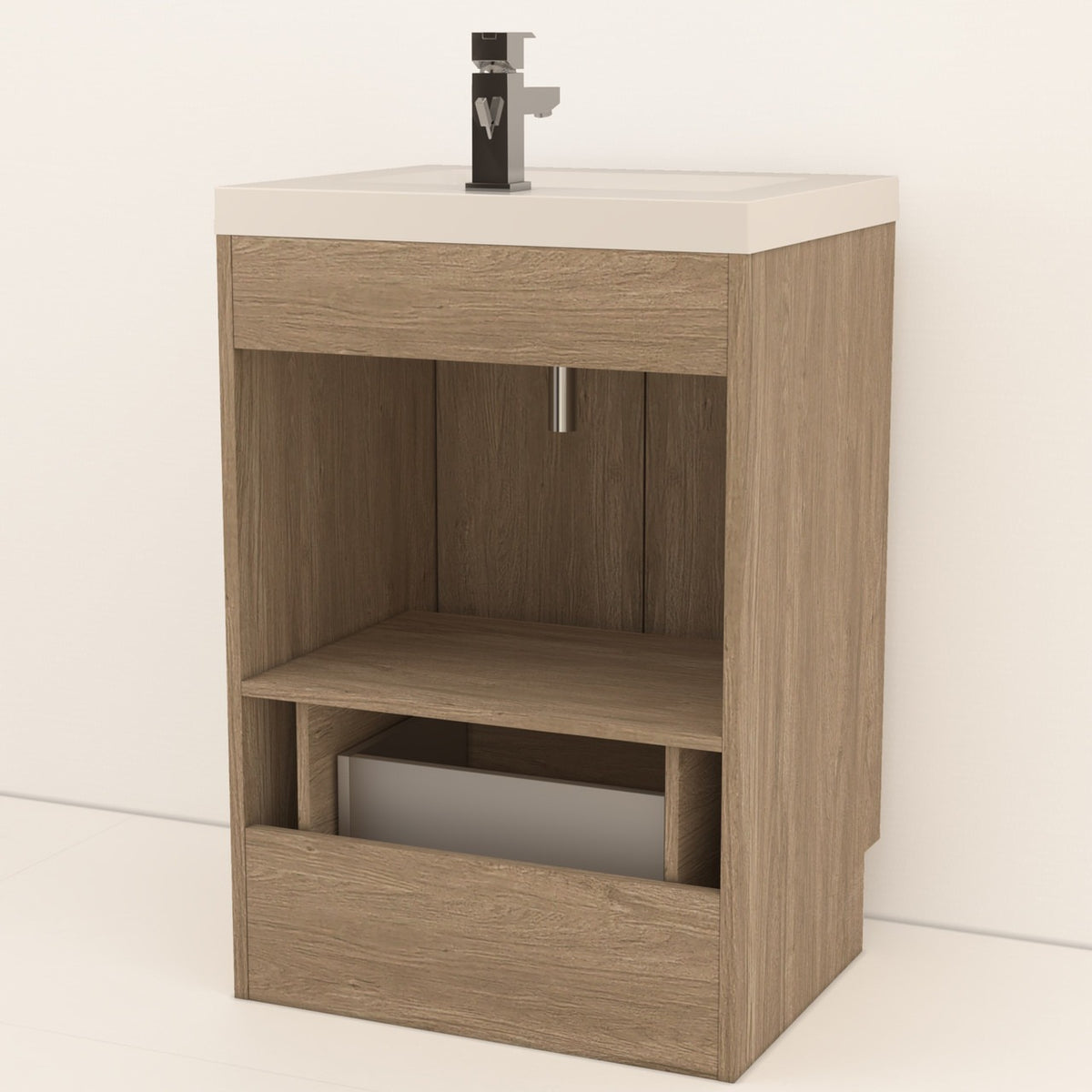 Bella Geometric 24 inch freestanding bathroom vanity with carved geometric doors in a styled bathroom