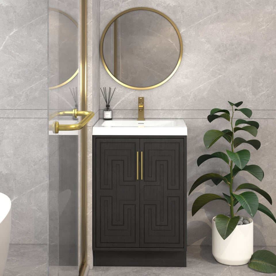 Bella Geometric 24 inch freestanding bathroom vanity with carved geometric doors in a styled bathroom