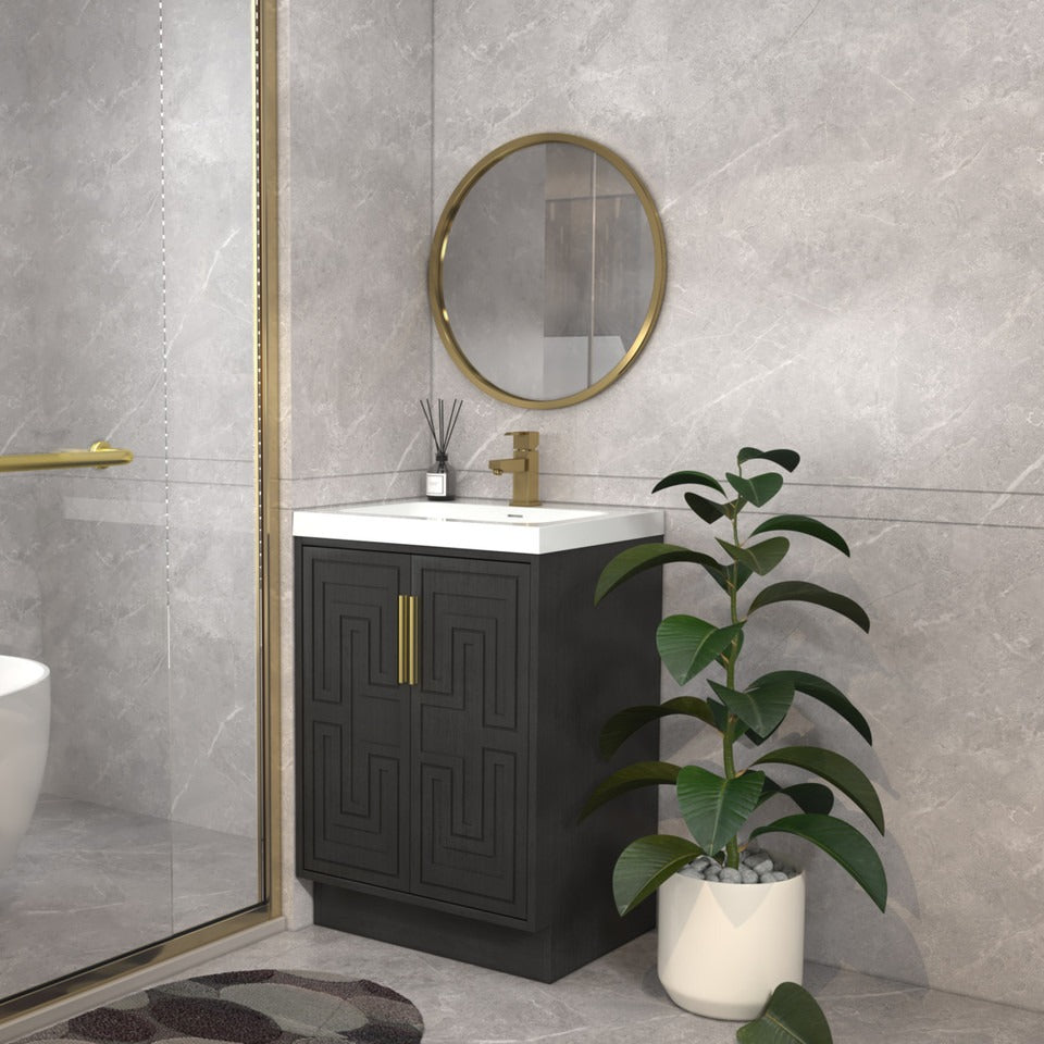 Bella Geometric 24 inch freestanding bathroom vanity with carved geometric doors in a styled bathroom