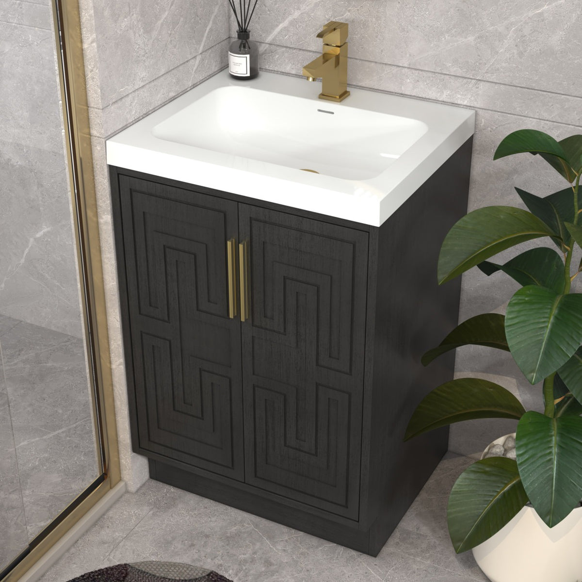 Bella Geometric 24 inch freestanding bathroom vanity with carved geometric doors in a styled bathroom