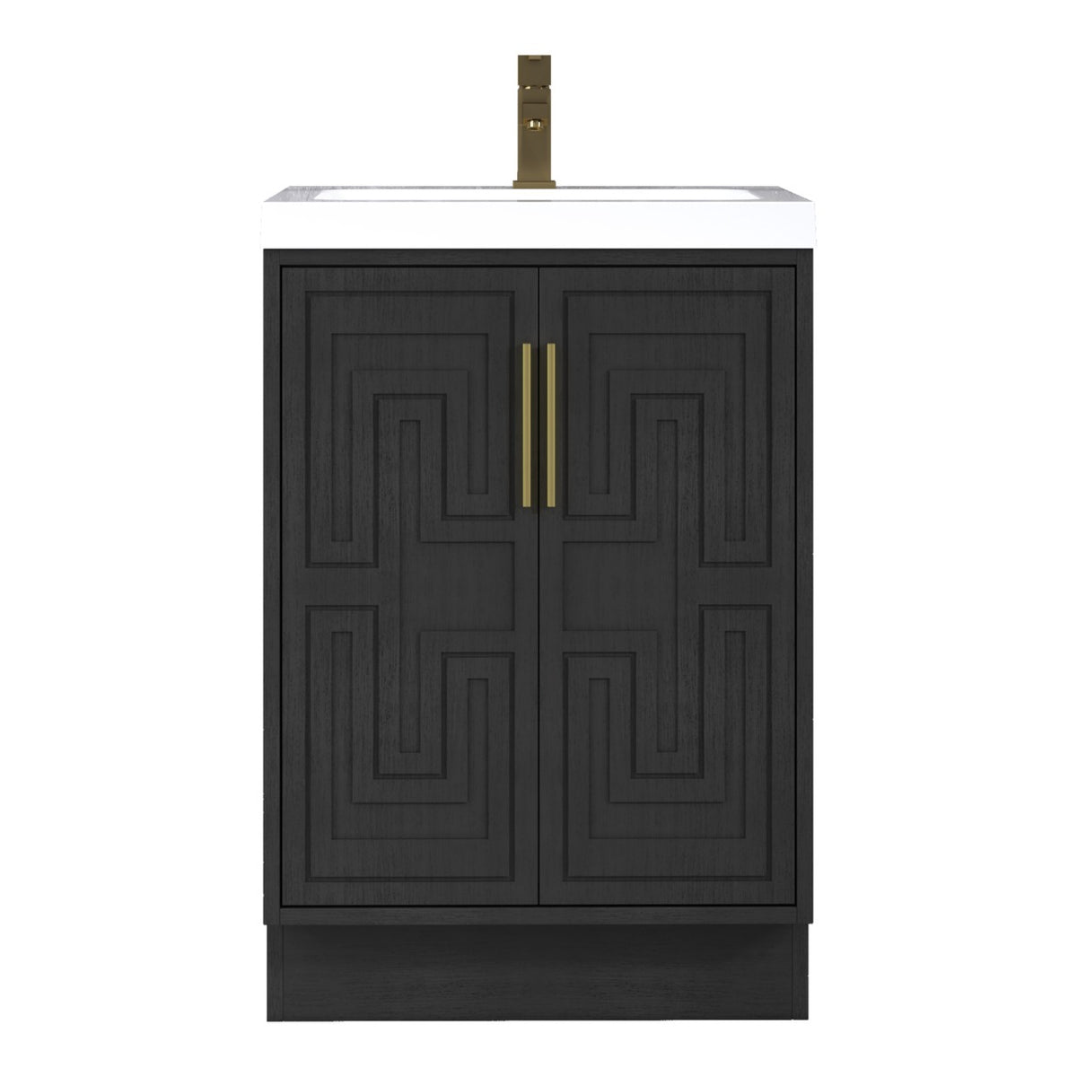 Bella Geometric 24 inch freestanding bathroom vanity in Black with white reinforced acrylic top and carved geometric doors