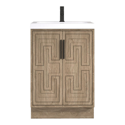 Bella Geometric 24 inch freestanding bathroom vanity in White Oak with white reinforced acrylic top and carved geometric doors