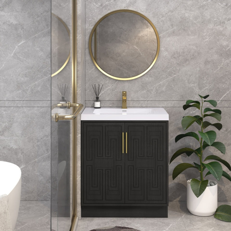 Bella Geometric 30 inch freestanding bathroom vanity with carved geometric doors in a styled bathroom