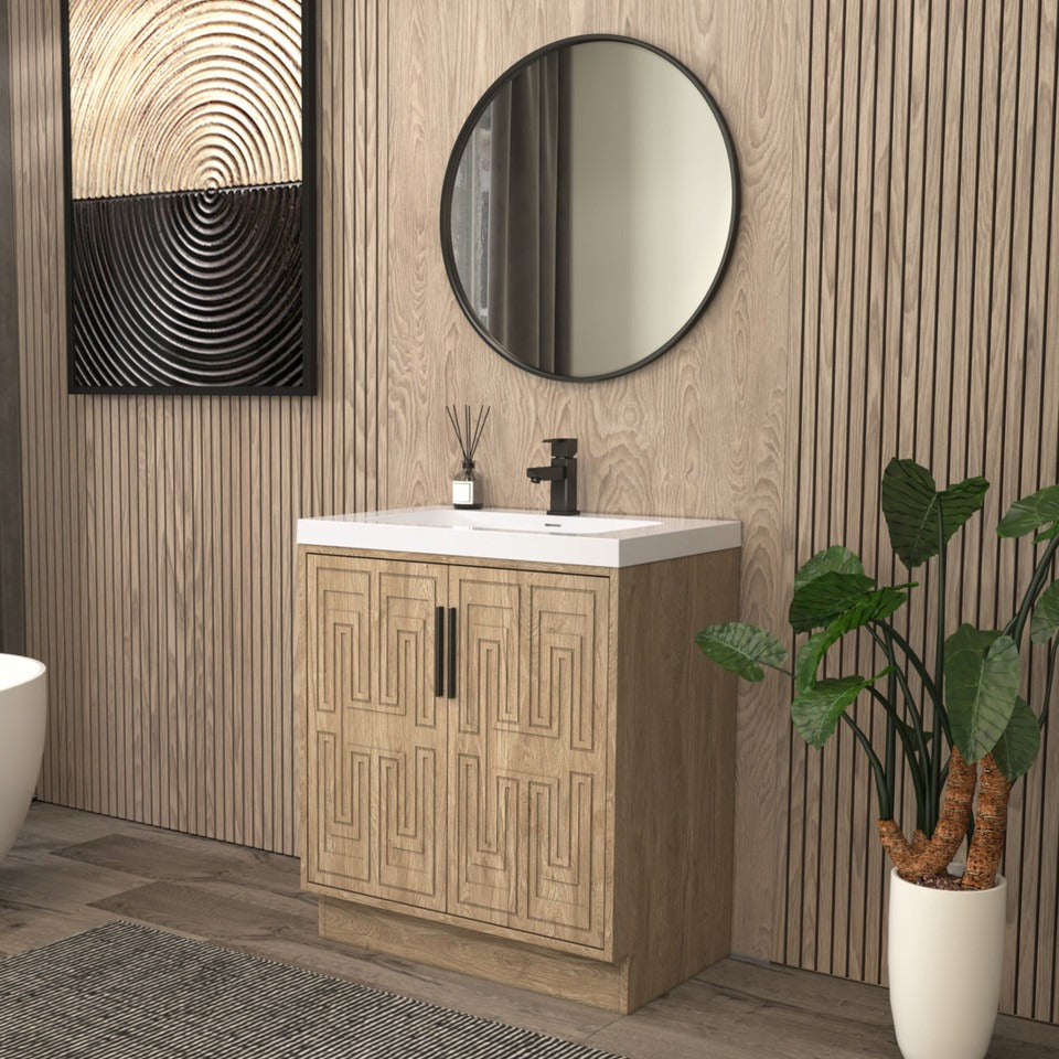Bella Geometric 30 inch freestanding bathroom vanity with carved geometric doors in a styled bathroom