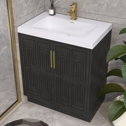 Bella Geometric 30 inch freestanding bathroom vanity with carved geometric doors in a styled bathroom