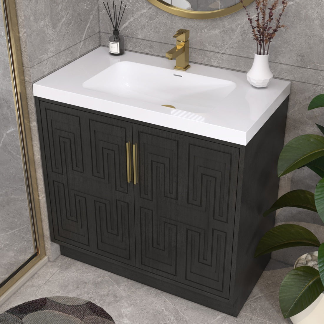 Bella Geometric 36 inch freestanding bathroom vanity with carved geometric doors in a styled bathroom