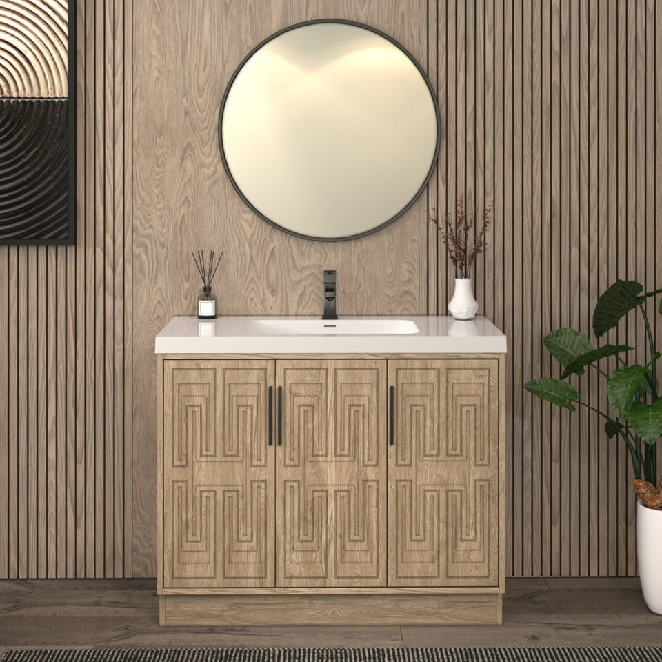 Bella Geometric 42 inch freestanding bathroom vanity with carved geometric doors in a styled bathroom