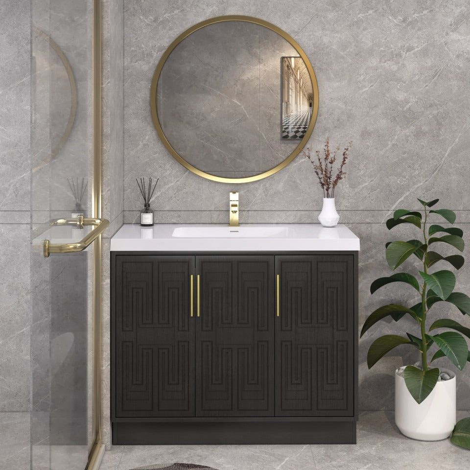 Bella Geometric 42 inch freestanding bathroom vanity with carved geometric doors in a styled bathroom