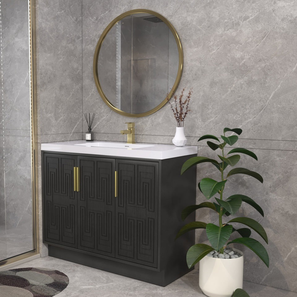 Bella Geometric 42 inch freestanding bathroom vanity with carved geometric doors in a styled bathroom