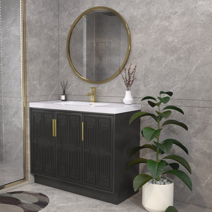 Bella Geometric 42 inch freestanding bathroom vanity with carved geometric doors in a styled bathroom