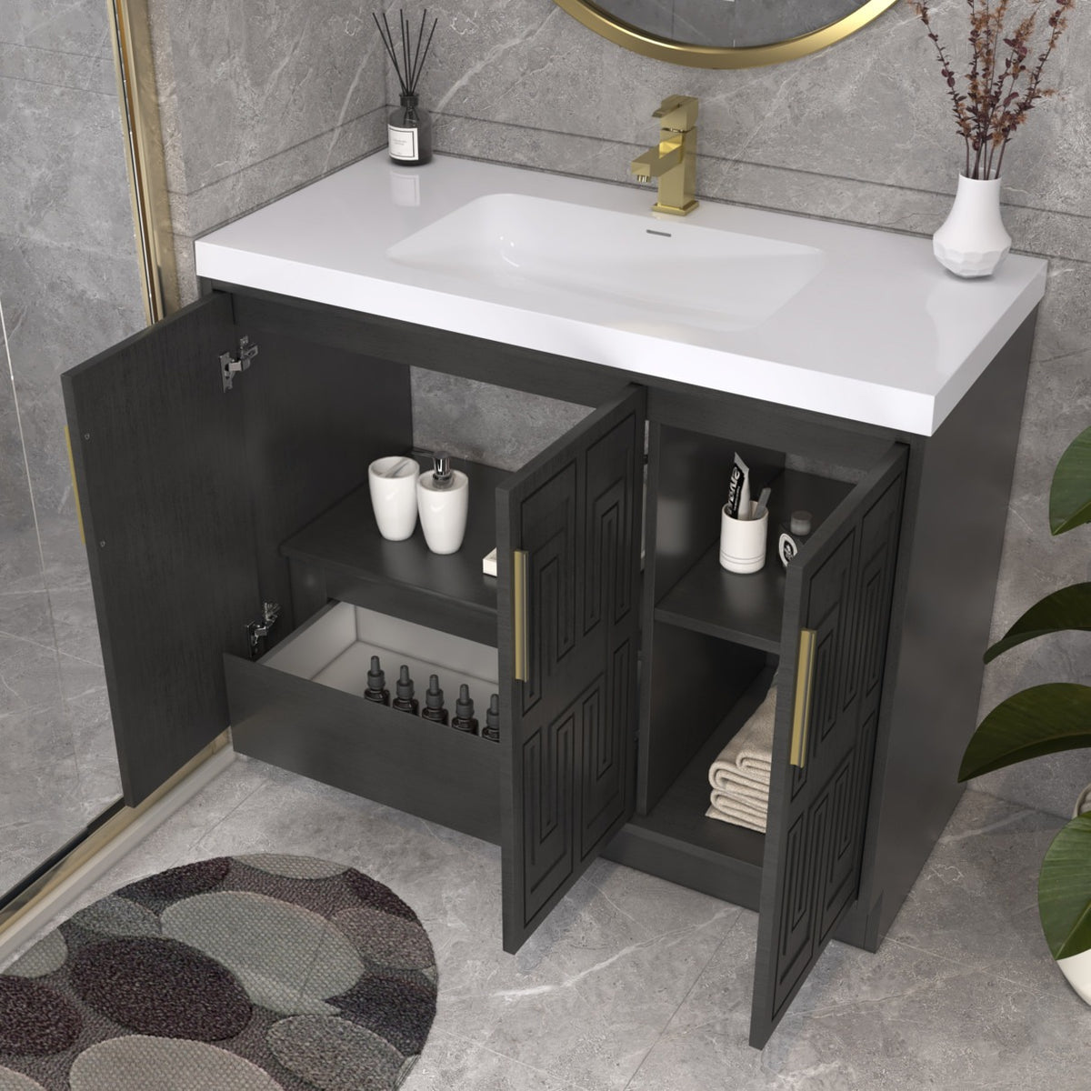 Bella Geometric 42 inch freestanding bathroom vanity with carved geometric doors in a styled bathroom