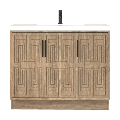 Bella Geometric 42 inch freestanding bathroom vanity in White Oak with white reinforced acrylic top and carved geometric doors