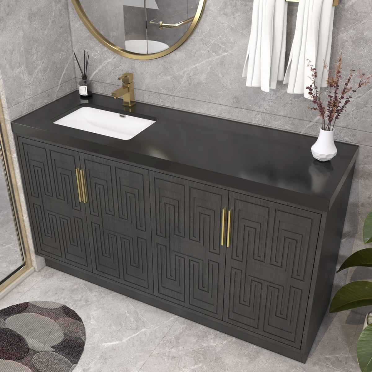 Bella Geometric 60 inch freestanding bathroom vanity in Black with white reinforced acrylic single sink offset left top and carved geometric doors