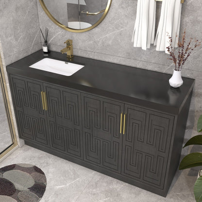 Bella Geometric 60 inch freestanding bathroom vanity in Black with white reinforced acrylic single sink offset left top and carved geometric doors