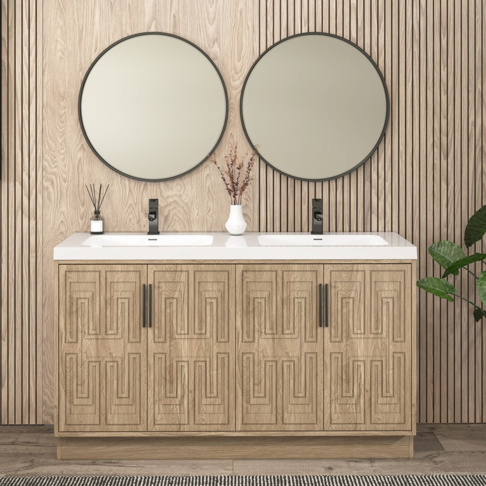 Bella Geometric 60 inch freestanding bathroom vanity with carved geometric doors in a styled bathroom