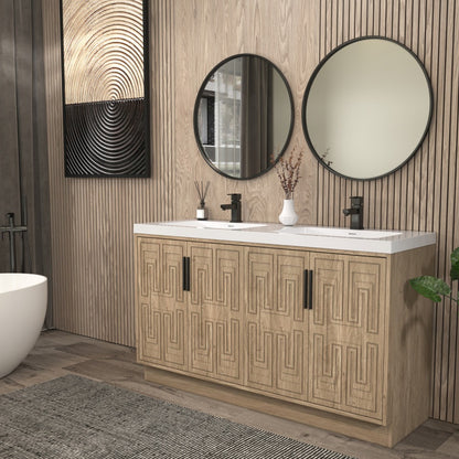 Bella Geometric 60 inch freestanding bathroom vanity with carved geometric doors in a styled bathroom