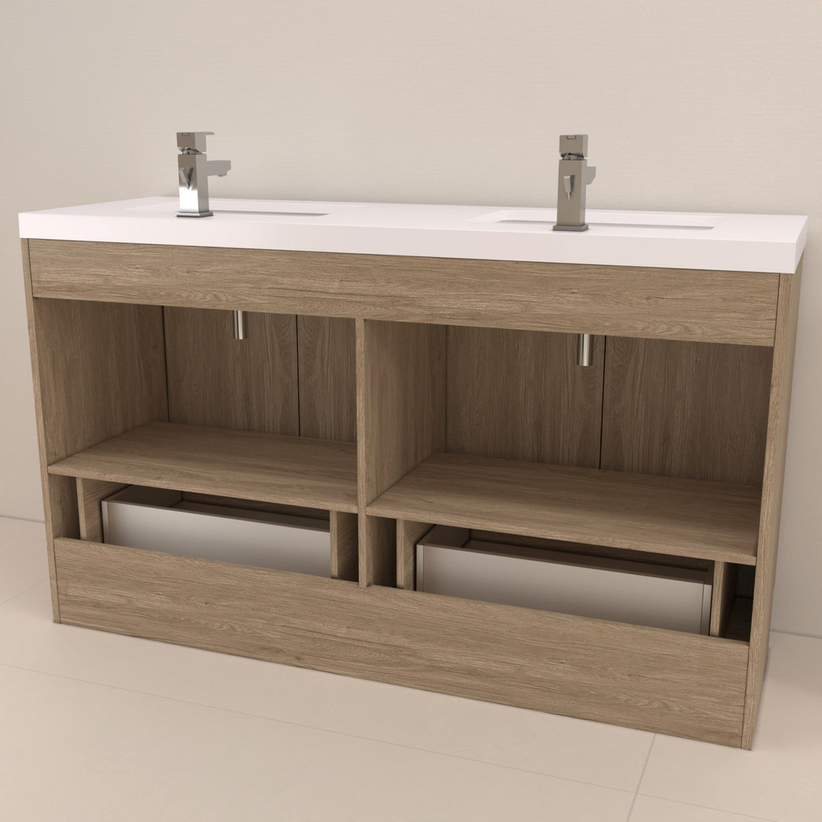 Bella Geometric 60 inch freestanding bathroom vanity with carved geometric doors in a styled bathroom