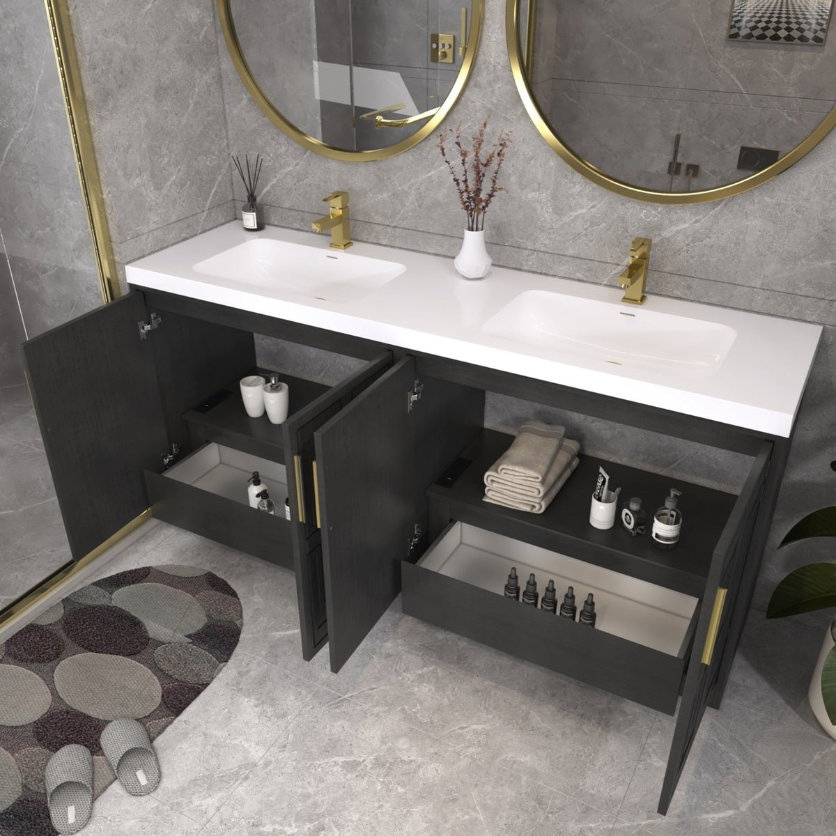 Bella Geometric 72 inch freestanding bathroom vanity with carved geometric doors in a styled bathroom
