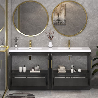 Bella Geometric 72 inch freestanding bathroom vanity with carved geometric doors in a styled bathroom