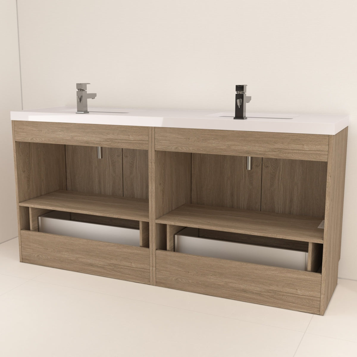Bella Geometric 72 inch freestanding bathroom vanity with carved geometric doors in a styled bathroom