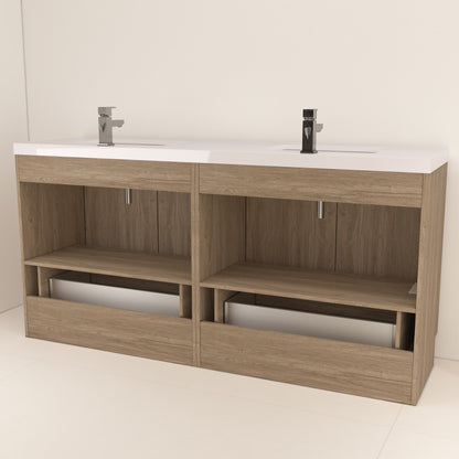 Bella Geometric 72 inch freestanding bathroom vanity with carved geometric doors in a styled bathroom
