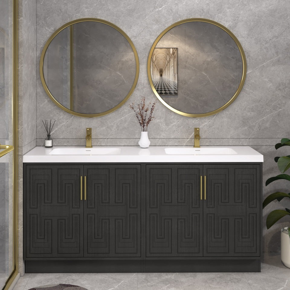 Bella Geometric 72 inch freestanding bathroom vanity with carved geometric doors in a styled bathroom