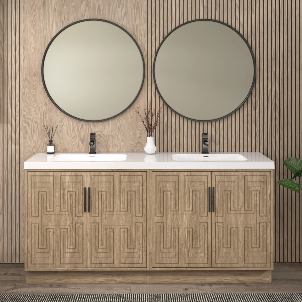 Bella Geometric 72 inch freestanding bathroom vanity with carved geometric doors in a styled bathroom