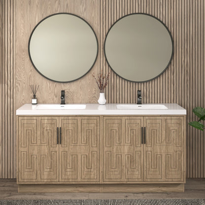 Bella Geometric 72 inch freestanding bathroom vanity with carved geometric doors in a styled bathroom