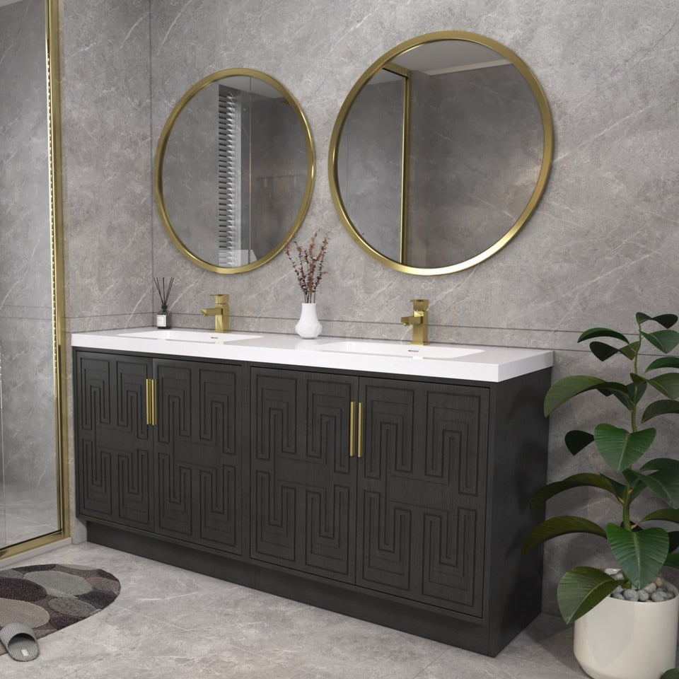 Bella Geometric 72 inch freestanding bathroom vanity with carved geometric doors in a styled bathroom