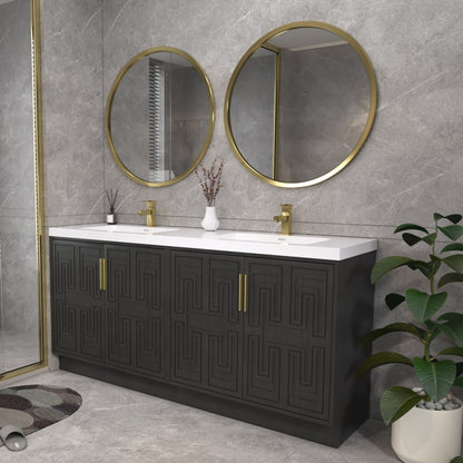 Bella Geometric 72 inch freestanding bathroom vanity with carved geometric doors in a styled bathroom