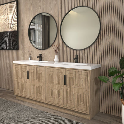 Bella Geometric 72 inch freestanding bathroom vanity with carved geometric doors in a styled bathroom