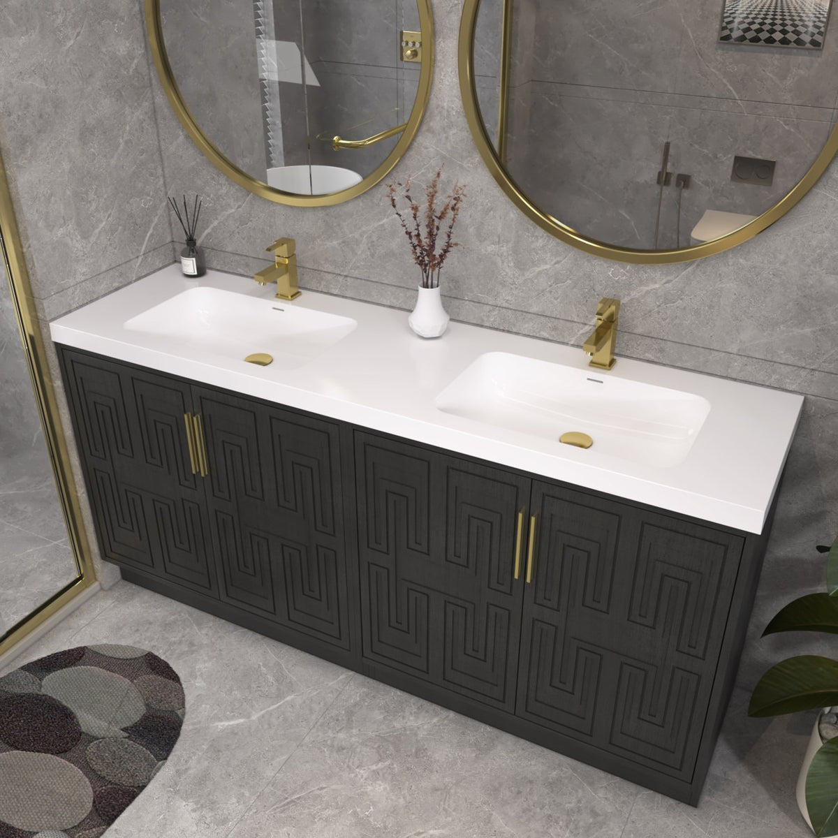 Bella Geometric 72 inch freestanding bathroom vanity with carved geometric doors in a styled bathroom