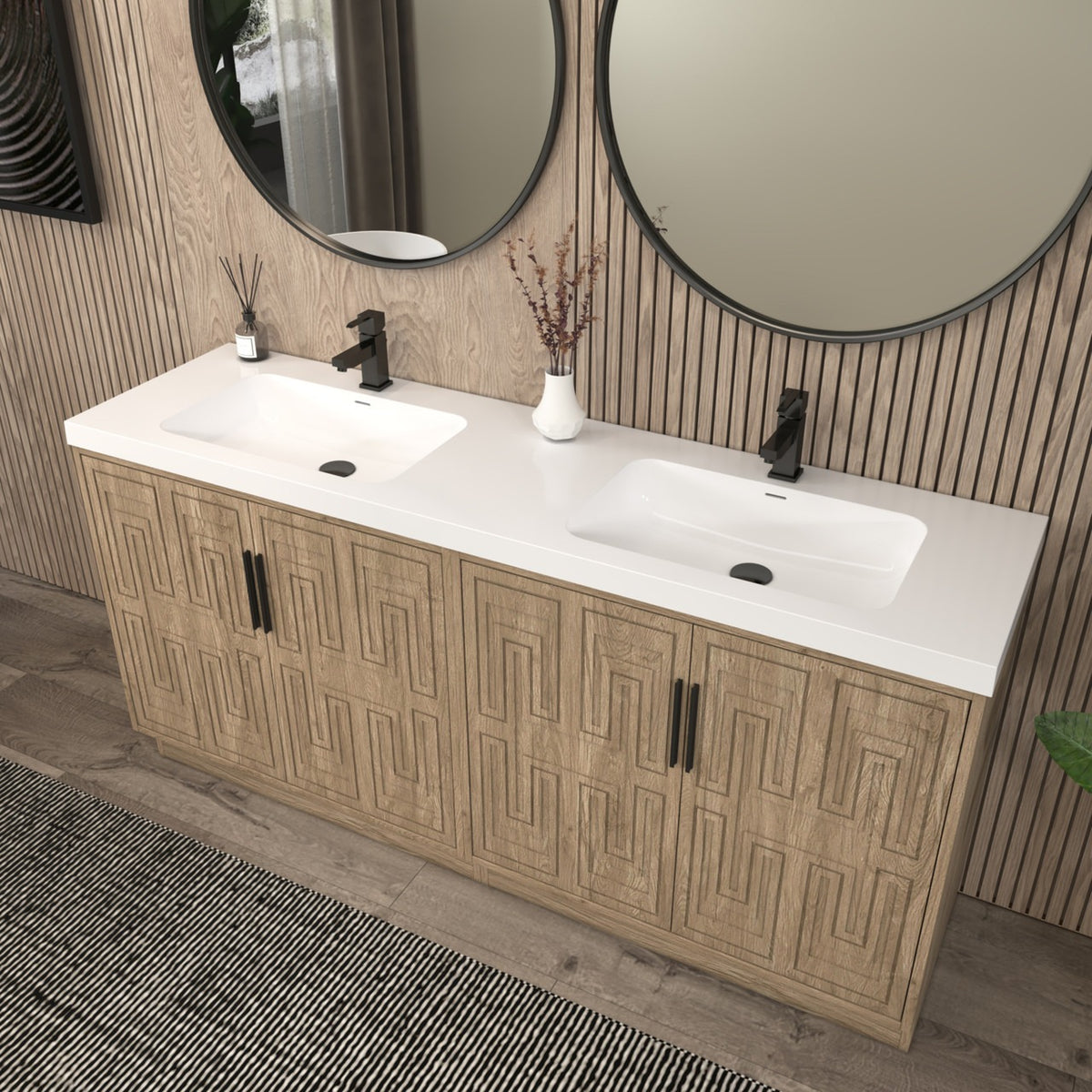 Bella Geometric 72 inch freestanding bathroom vanity with carved geometric doors in a styled bathroom