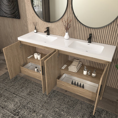 Bella Geometric 72 inch freestanding bathroom vanity with carved geometric doors in a styled bathroom