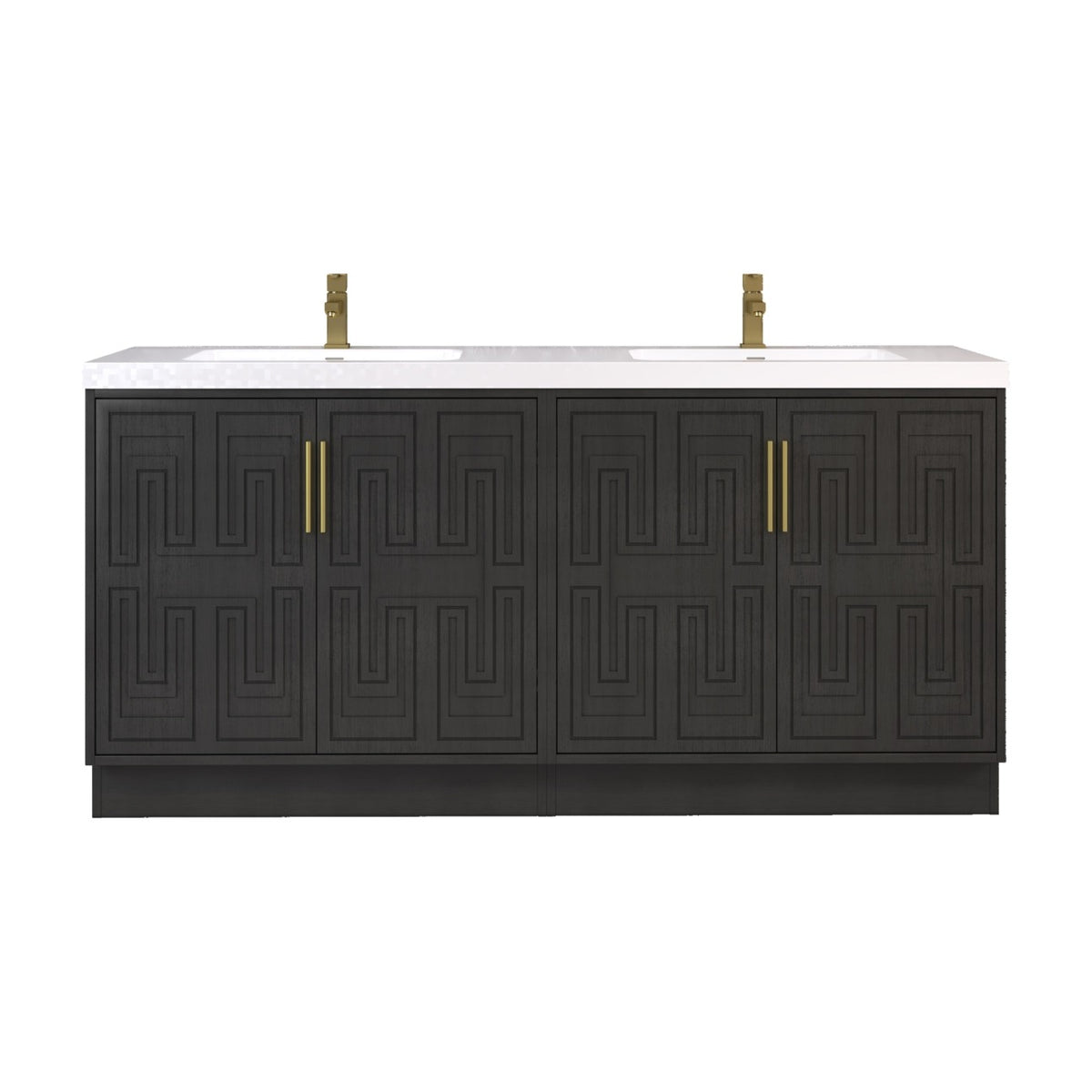 Bella Geometric 72 inch freestanding bathroom vanity in Black with white reinforced acrylic top and carved geometric doors