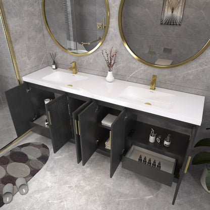 Bella Geometric 84 inch freestanding bathroom vanity with carved geometric doors in a styled bathroom