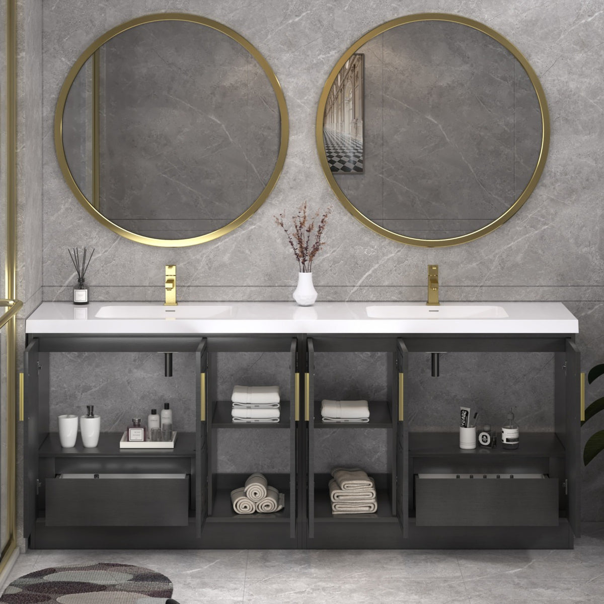 Bella Geometric 84 inch freestanding bathroom vanity with carved geometric doors in a styled bathroom