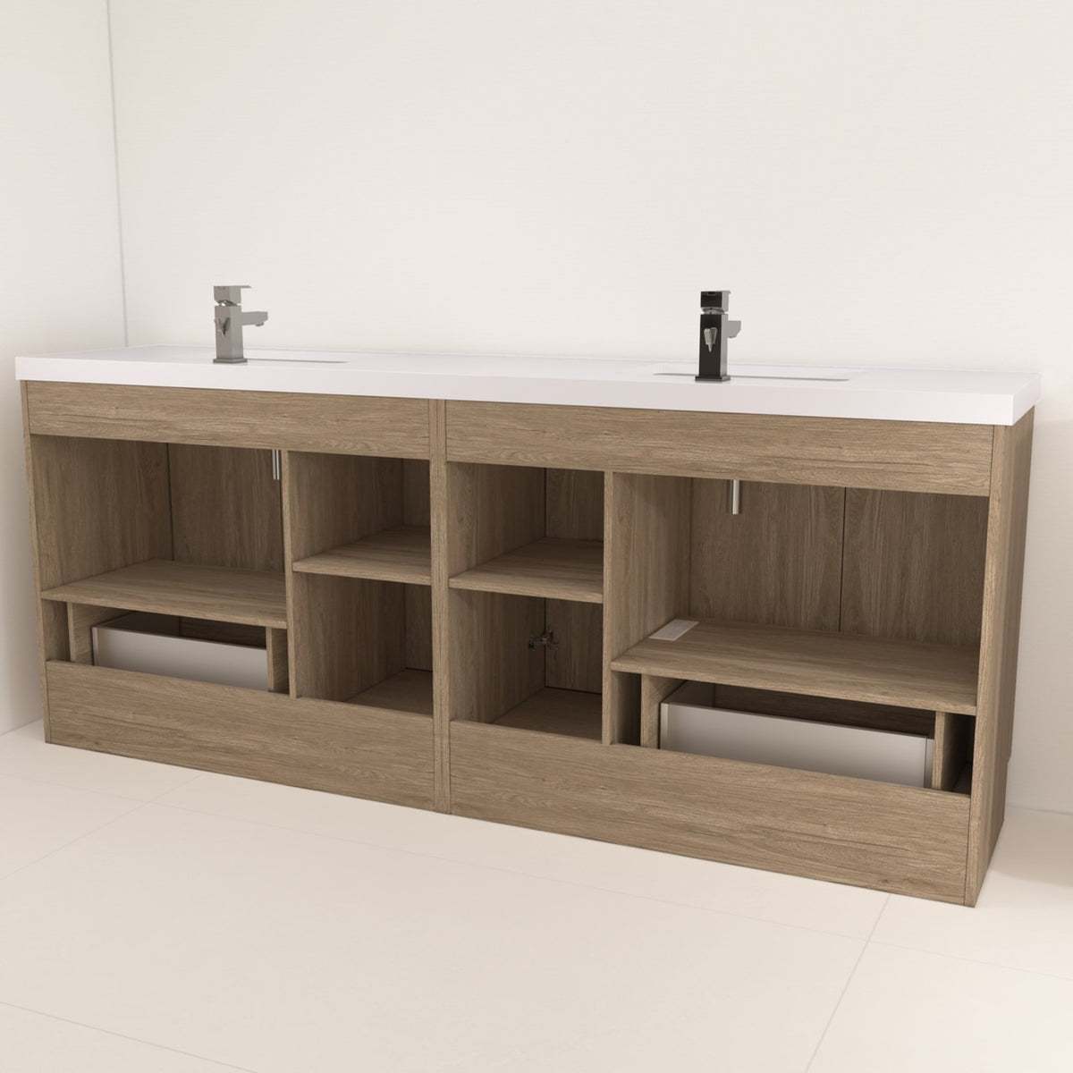 Bella Geometric 84 inch freestanding bathroom vanity with carved geometric doors in a styled bathroom