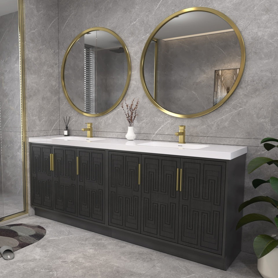 Bella Geometric 84 inch freestanding bathroom vanity with carved geometric doors in a styled bathroom