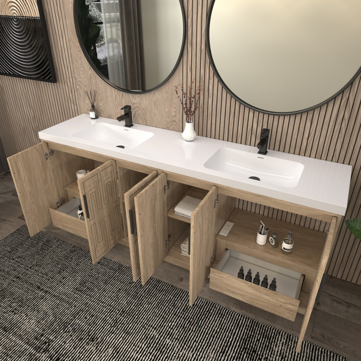 Bella Geometric 84 inch freestanding bathroom vanity with carved geometric doors in a styled bathroom