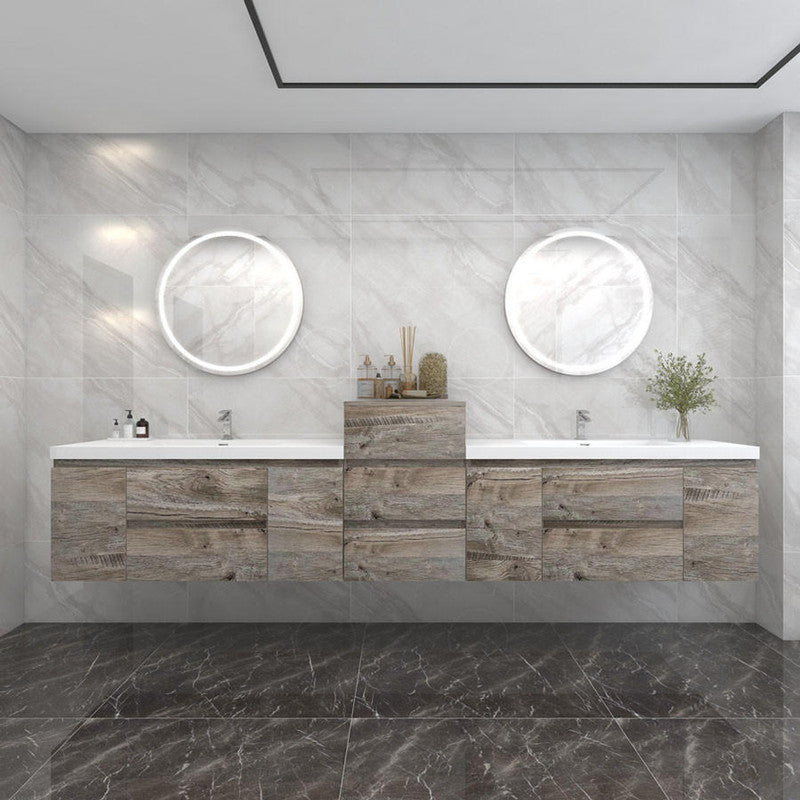 Bow 104" Wall Mounted Bathroom Vanity with Reinforced Acrylic Integrated Sink Top and Center Linen Cabinet
