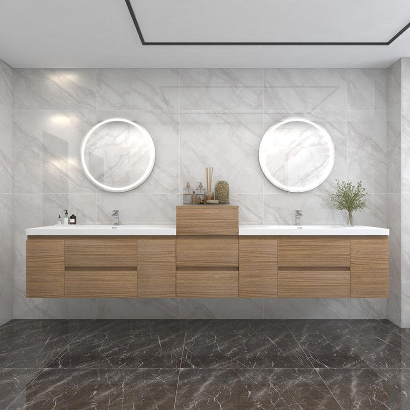 Bow 104" Wall Mounted Bathroom Vanity with Reinforced Acrylic Integrated Sink Top and Center Linen Cabinet