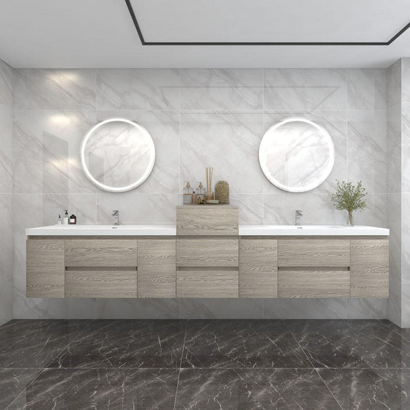 Bow 104" Wall Mounted Bathroom Vanity with Reinforced Acrylic Integrated Sink Top and Center Linen Cabinet