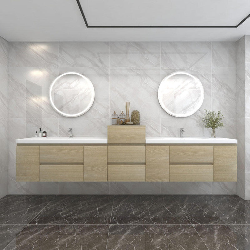Bow 104" Wall Mounted Bathroom Vanity with Reinforced Acrylic Integrated Sink Top and Center Linen Cabinet