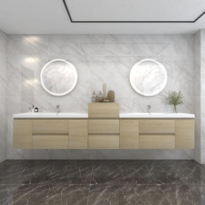 Bow 104" Wall Mounted Bathroom Vanity with Reinforced Acrylic Integrated Sink Top and Center Linen Cabinet