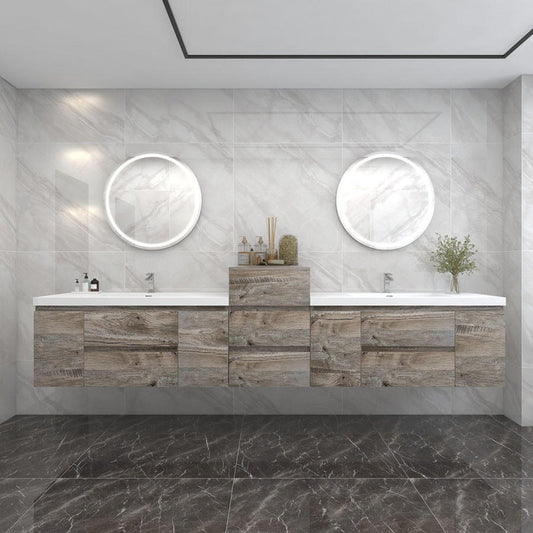 Bow 116" Wall Mounted Bathroom Vanity with Reinforced Acrylic Integrated Sink Top and Linen Cabinet
