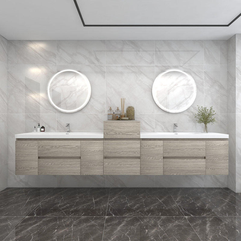 Bow 140" Wall Mounted Bathroom Vanity with Reinforced Acrylic Integrated Sink Top and Linen Cabinet