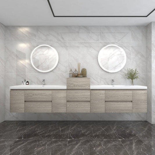Bow 140" Wall Mounted Bathroom Vanity with Reinforced Acrylic Integrated Sink Top and Linen Cabinet